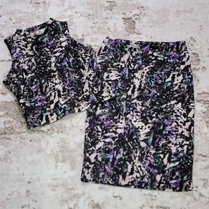 Abstract Watercolor 2-Piece Set Pencil Skirt & Sleeveless Blouse Size Medium